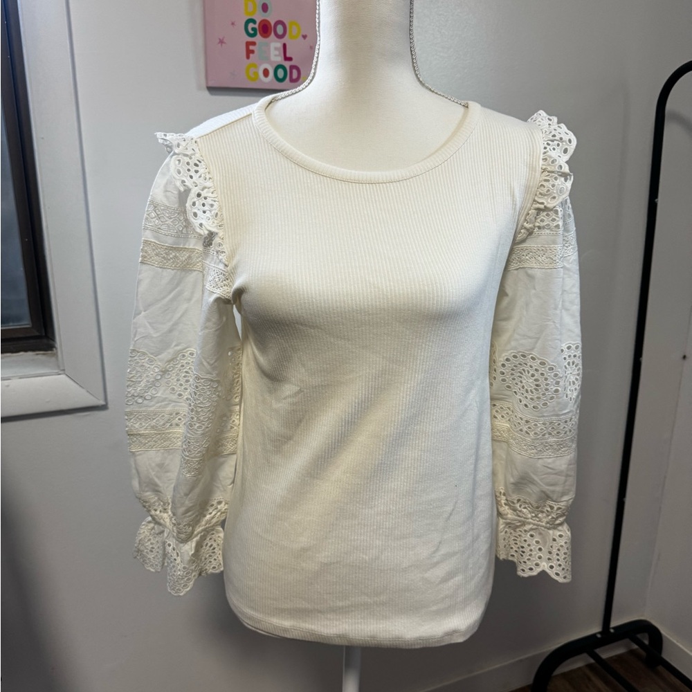 J crew White Lace Sleeve Top Size M